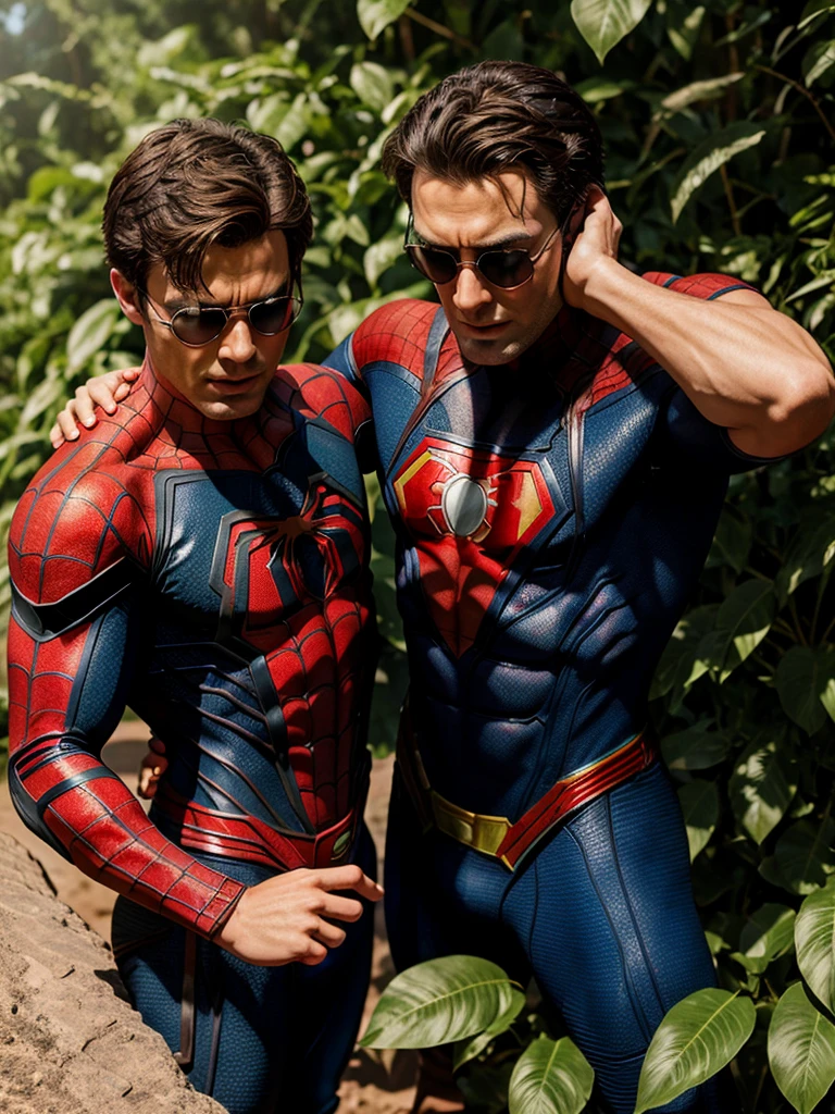 Two male super heroes in iron outfit in a dark jungle