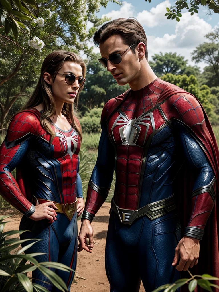 Spider-Man Superman and captain America, Thor iron in nature full africa , spring season , mobile phone, head set , radio , sunglass