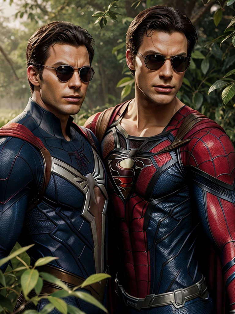 Spider-Man Superman and captain America, Thor iron in nature full africa , spring season , mobile phone, head set , radio , sunglass
