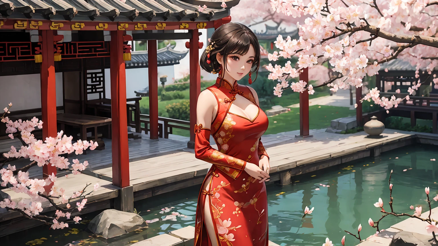 （photorealistic render）Termos solares chineses，outono，entardecer，cena noturna，a lua，The beautiful beauty of a Dinastia Tang，a Dinastia Tang，Mulher bonita，Mulheres lindas，Chinese courtyard，Through the window，small bridge of running water，Hangzhou，Lago Oeste，profundidade de campos，grande abertura，lentes telefoto