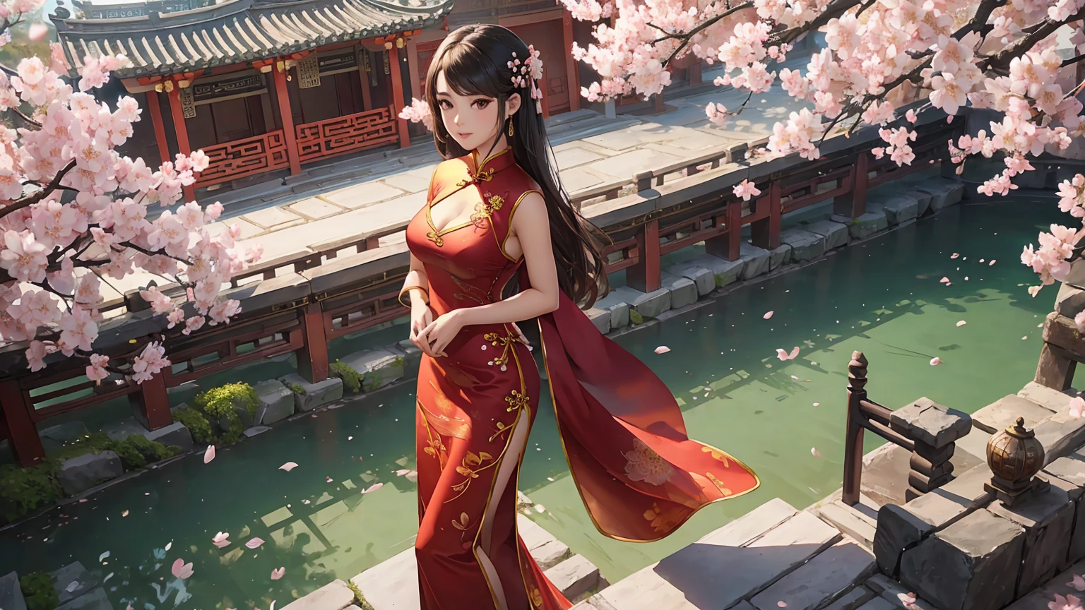 1 beautiful girl, (cheongsam with plated armor at upper arms:1.2), showing cleavage, standing in a traditional chinese garden with cherry blossom