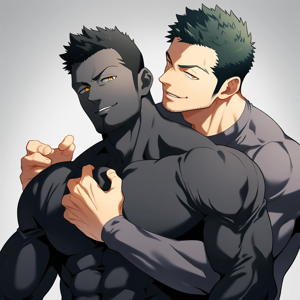 anime characters:Two superheroes in tights, Priapus and Muscle buddhist monk, negro black skin, They hugged and kissed each other, Bite your neck, Caress, Manliness, male focus, Yellow and black high collar long sleeve tight T-shirt, Slightly transparent material, Very tight, Round, full and perky chest muscles, Muscle waist, Slightly transparent, muscular male, muscular, only, Upper body, alone, Black short hair, Thick eyebrows, stubble, Yellow eyes, Grey background, simple background, amazing quality, best aesthetics, Ridiculous, bright pupils, crew cut, parted lips, seductive smile, torogao, naughty face, drop shadow, best quality