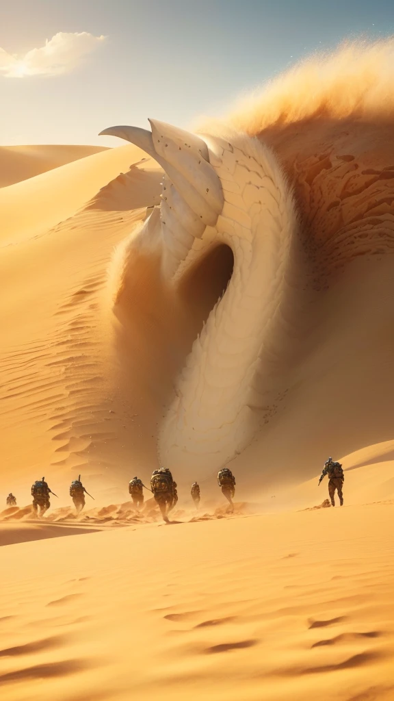 巨型sandworm在追杀人群, aliens arriving dune, Sand desert fantasy, sandworm, dune style, detailed painting of dune movie, Alien desert, in dune, dune, jodorwoski's dune, beeple 和 Jean Giraud, walking in a desert, Twisted desert, in the movie dune