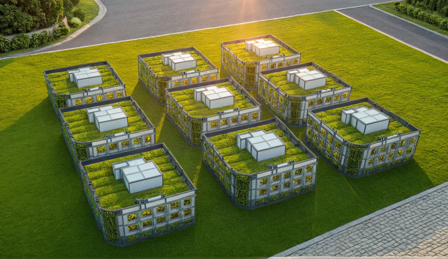 Masterpiece, high quality, best quality, authentic, super detail, outdoors, garden landscape, sunset, clear sky, house style modern, white wall, glass windows, gate road, pavement, grass, trees, blue sky, cloud, (day:1.1), realistic lighting