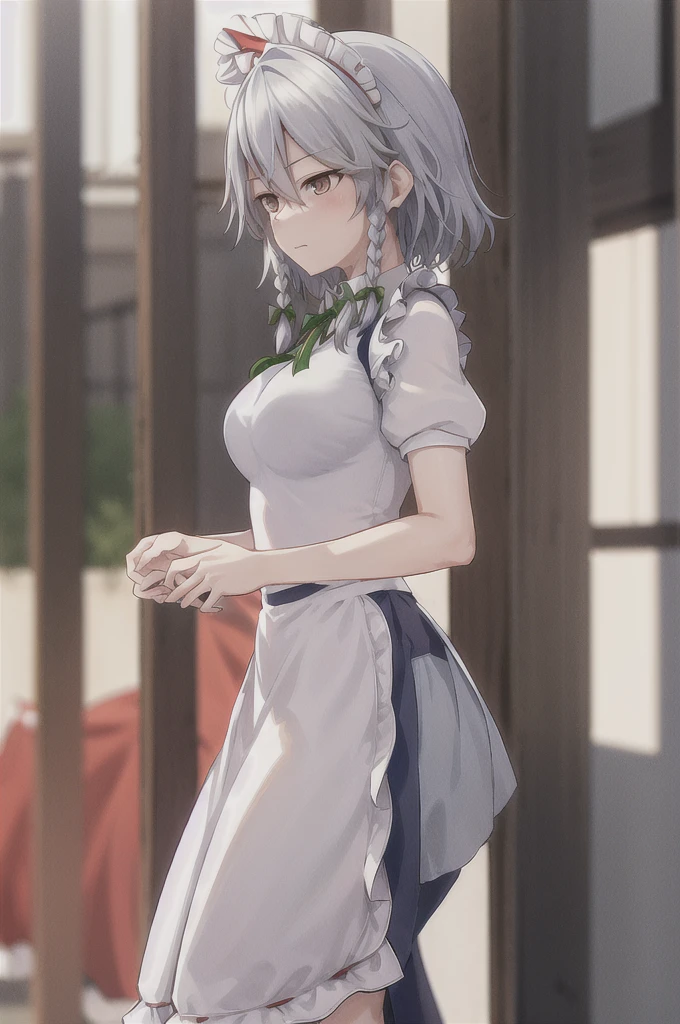 Sakuya Izayoi looking stressed as part of her head is turning into Reimu Hakurei's. Reimu's head would be with brown hair, brown eyes