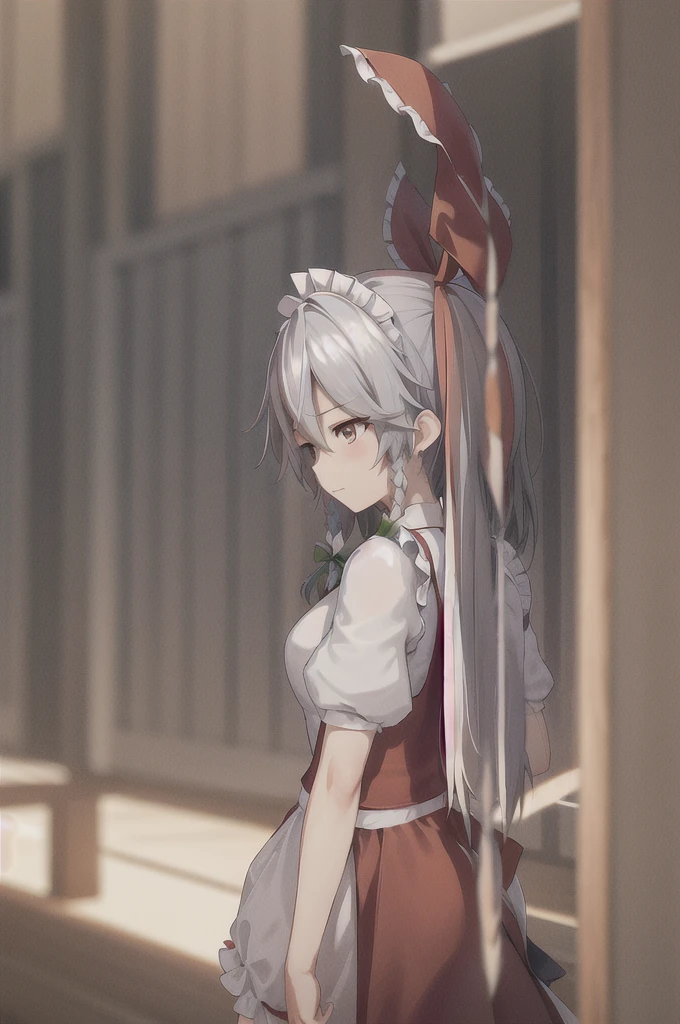 Sakuya Izayoi looking stressed as part of her head is turning into Reimu Hakurei's. Reimu's head would be with brown hair, brown eyes