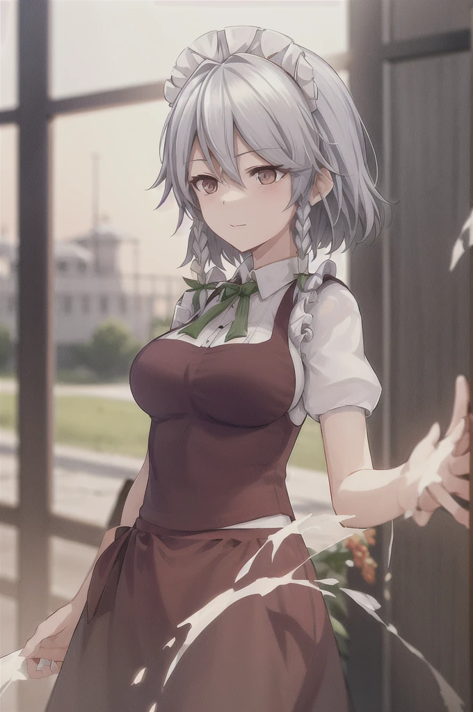 Sakuya Izayoi looking stressed as part of her head is turning into Reimu Hakurei's. Reimu's head would be with brown hair, brown eyes