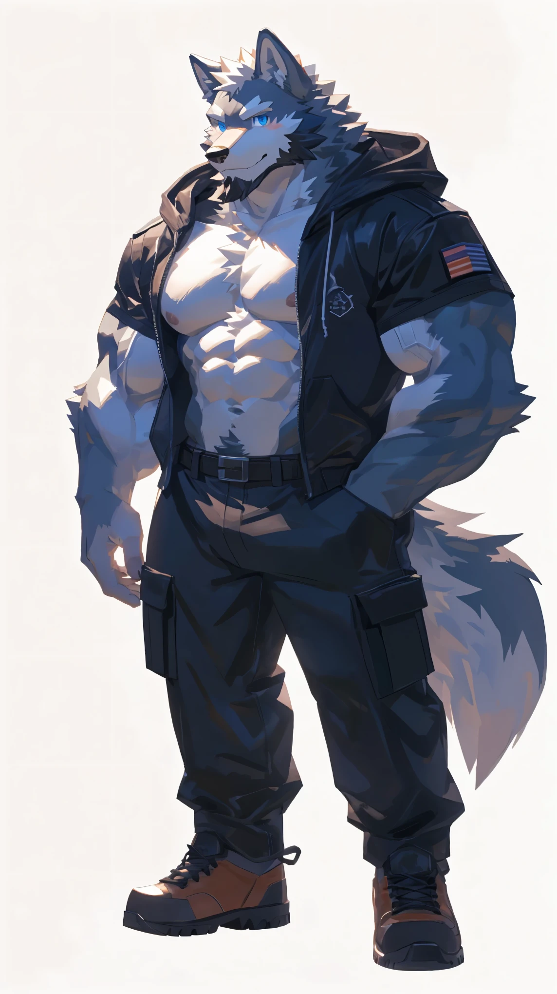(masterpiece:1.2), best quality,pixiv,official art,perfect anatomy, (Ray tracing, light),solo, (1_male:1.3) , (muscle), (grey fur:1.4), (muscle wolf), (beard:1.2), (gleaming blue eyes), wolf tail, full body, Thick black eyebrows,(open hoodie), (naked inside), (cargo pants:1.2), boots, (pure white background: 1.3), 30-40years old