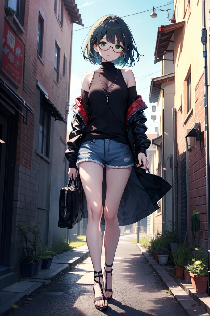rezeroRem, Rem, blue eyes, Blue Hair, hair ornaments, Hair on one eye, hair ribbon, short hair, x hair ornaments,Rocket Pendant,happy smile, smile, Open your mouth,blush,Short sleeve,Cold shoulder dress,skinny pants,Stiletto heels,morning,morning陽,The sun is rising,Walking,whole bodyがイラストに入るように,
break outdoors, In town,Building district,
break looking at viewer, whole body,
break (masterpiece:1.2), highest quality, High resolution, unity 8k wallpaper, (figure:0.8), (Beautiful fine details:1.6), extRemely detailed face, Perfect lighting, extRemely detailed CG, (Perfect hands, Perfect Anatomy),