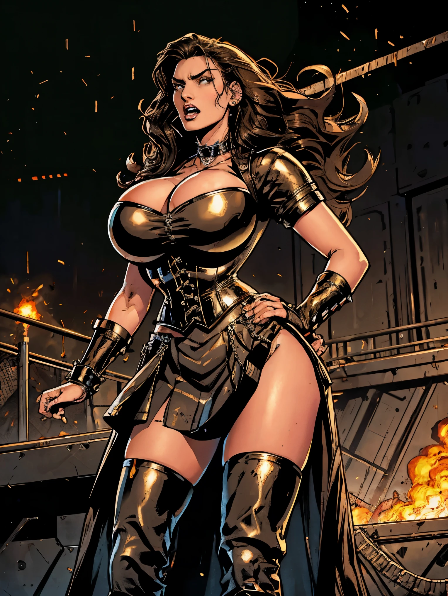 Extremely busty thin and toned brunette death metal singer, college girl, fair skin, big hair, hair pulled back, soft face, athletic, heavy makeup, piercings, black leather, studs, corset, boots, fingerless gloves, tight skirt, chains. standing on a stage, pyrotechnics, holding a microphone, metal concert. (microphone, fist in the sky), angry, rage, screaming. Heavy metal. Death metal. Explosions, fire.