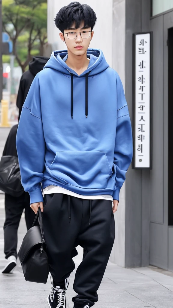 21 year old seoul boy, he is ((oversized xxl blue plain hoodie)), wearing black Trousers, wearing sneakers, wearing glasses, fully body, (he is 한국 머리카락입니다) Korean style, walking, buzz Hairstyle