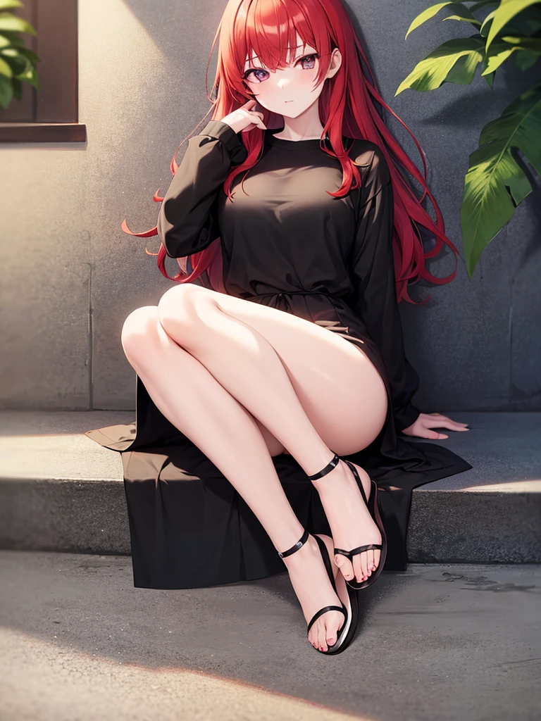 Redhead anime girl with white skin showing her feet while wearing sandals and black toenails