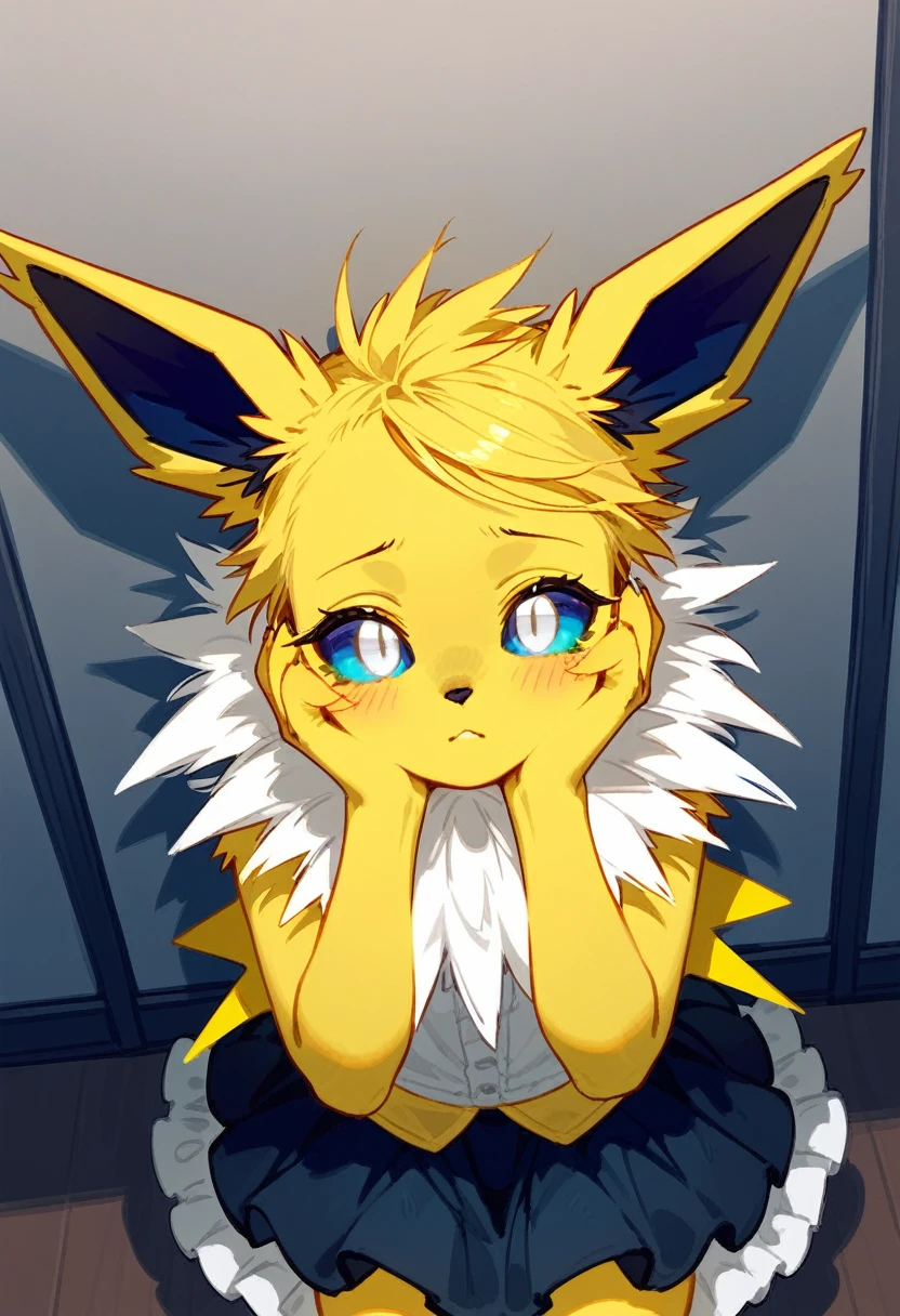 alone, score_9,score_8_above,score_7_above, a female antro jolteon, calvo, blue sclera, white eyes, with yellow blouse, ruffled skirt, inside, shy pose, hands to his face