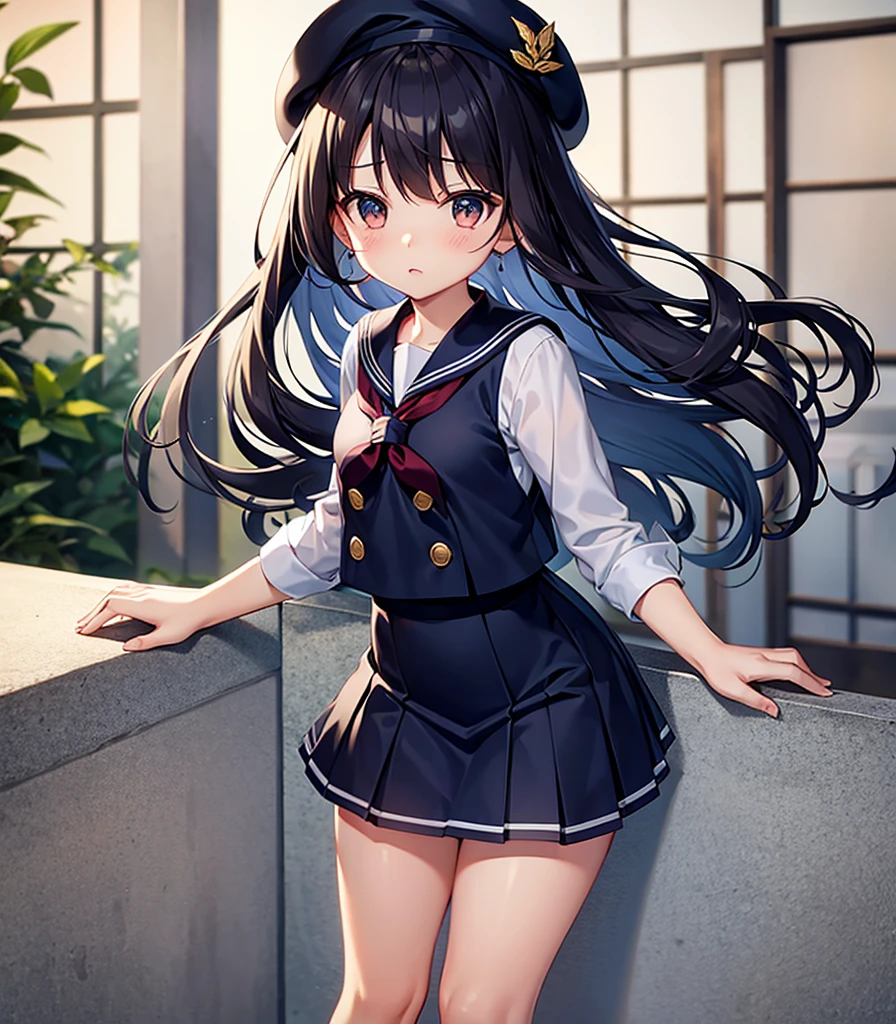 (Sailor suit),Revealing clothing,(((Navy Mini Skirt))),beret,,Cute little loli,Tiny Lori,Small girl,,Childish face, Very fine clean face,Top quality, Big eyes,Straight Hair,Yellow hair,Crimson Eye,(Dark Room), Subtle light, Natural light,Soft lighting,Light from directly behind, (Are standing), Cute pose, (Open your hands), Showing the whole body,Front view,Black background