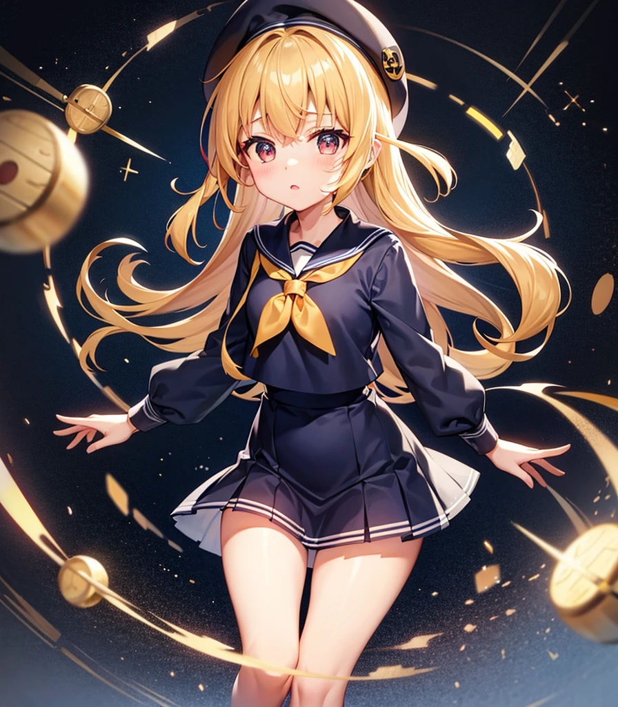 (Sailor suit),Revealing clothing,(((Navy Mini Skirt))),beret,,Cute little loli,Tiny Lori,Small girl,,Childish face, Very fine clean face,Top quality, Big eyes,Straight Hair,Yellow hair,Crimson Eye,(Dark Room), Subtle light, Natural light,Soft lighting,Light from directly behind, (Are standing), Cute pose, (Open your hands), Showing the whole body,Front view,Black background