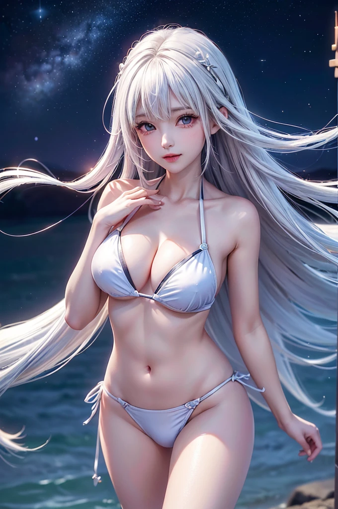 ((Image above the chest:1.5))((masterpiece:1.5、8K、Tabletop、フォトリアリスティックでVery detailedなCG、Very detailed、Particle Effects、Dynamic Effects、Shallow depth of field、Cinematic Light、Lens flare、Ray Tracing、Tabletop、Realistic:1.4、Ultra-high resolution:1.2、Realistic、Realistic))((alone、Woman in bikini swimsuit:1.4、Elegant and sexy woman、Detailed face、bright表情、young, bright, Whiter skin、Medium chest、Beautiful cleavage、underboob、Best Looks、Asian、Ultimate beauty、bright and shiny hair,、Super long, Silky straight hair、Hair dancing in the wind))(spectacular night sky、White Knight、Amazing starry sky)((shiny white hair))