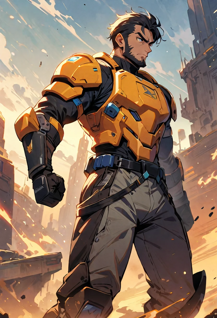 masterpiece, best quality, 1guy, futuristic pugilist, military gear, tech armor, guantlets