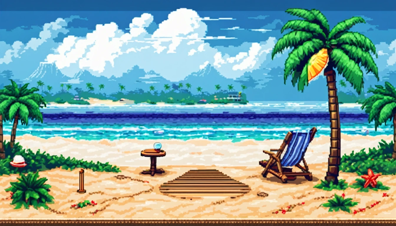 a coastal themed backyard with a coconut tree, one chair and small table with a parasol, a white sand path and beach themed decoration background, multiple texture spritesheet, pop-art-and-cartoon-style themed, 2d side scroller game, front view, pixel art