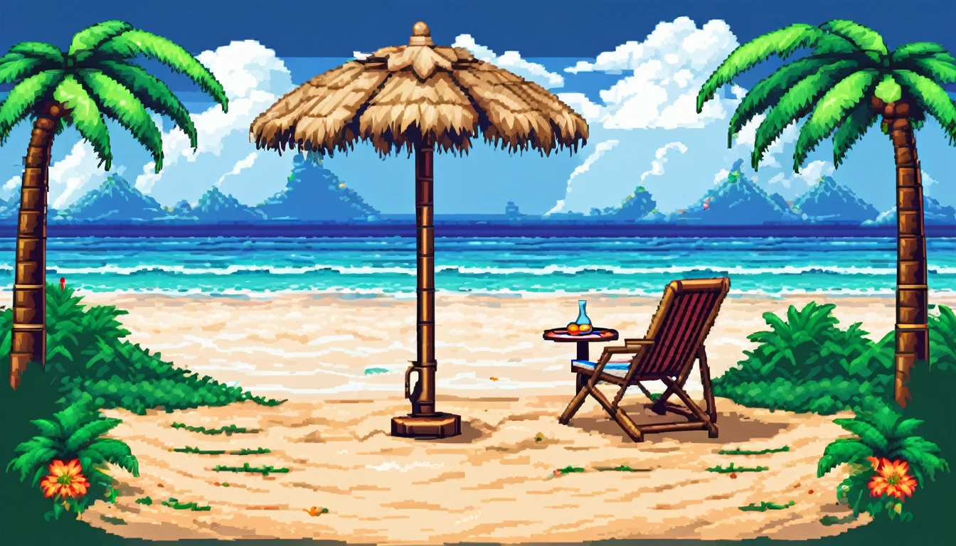 a coastal themed backyard with a coconut tree, one chair and small table with a parasol, a white sand path and beach themed decoration background, multiple texture spritesheet, pop-art-and-cartoon-style themed, 2d side scroller game, front view, pixel art