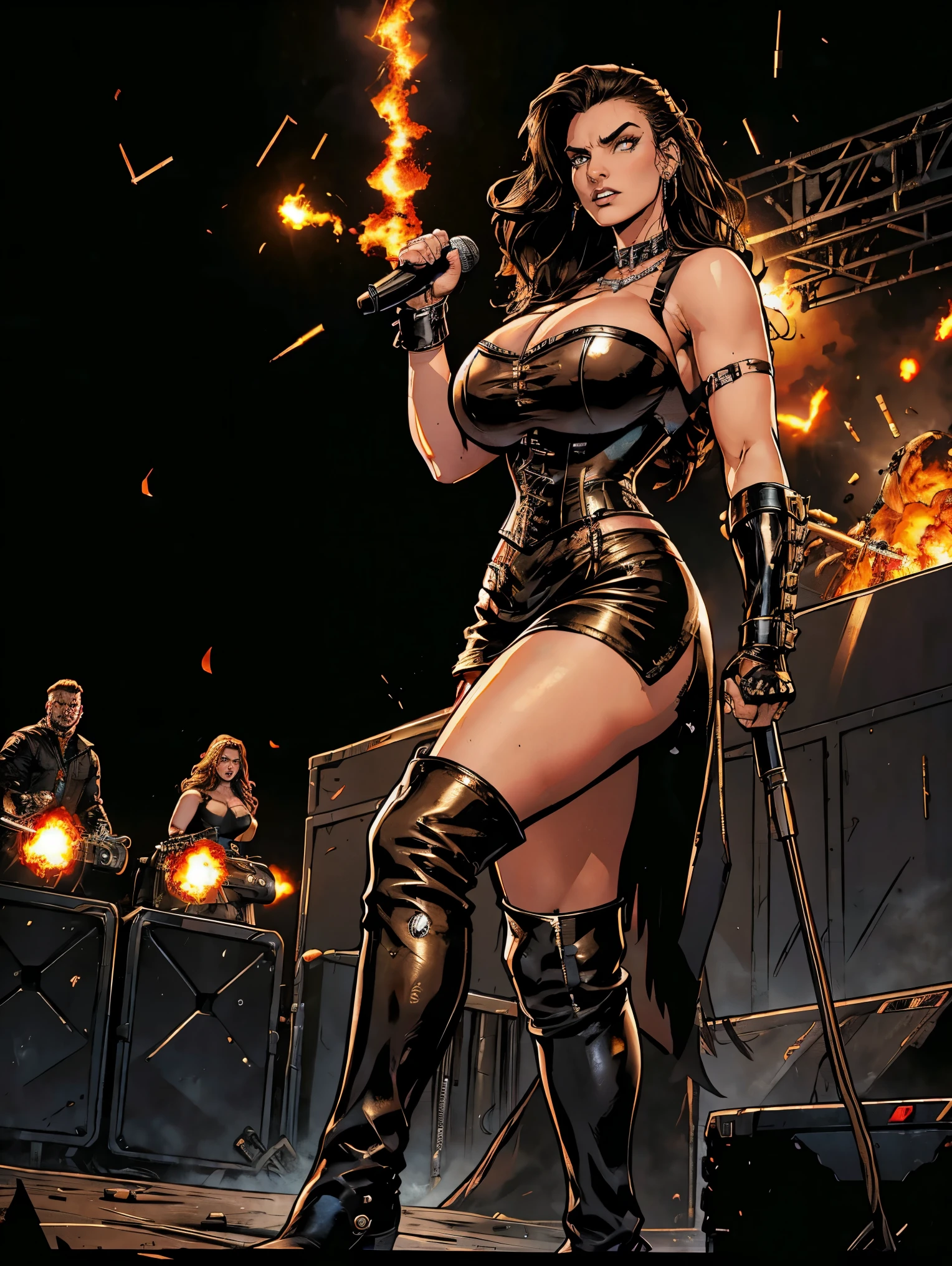 Extremely busty thin and toned brunette death metal singer, college girl, fair skin, big hair, hair pulled back, soft face, athletic, heavy makeup, piercings, black leather, studs, corset, boots, fingerless gloves, tight skirt, chains. standing on a stage, pyrotechnics, holding a microphone, metal concert. (microphone, fist in the sky), angry, rage, screaming. Heavy metal. Death metal. Explosions, fire.