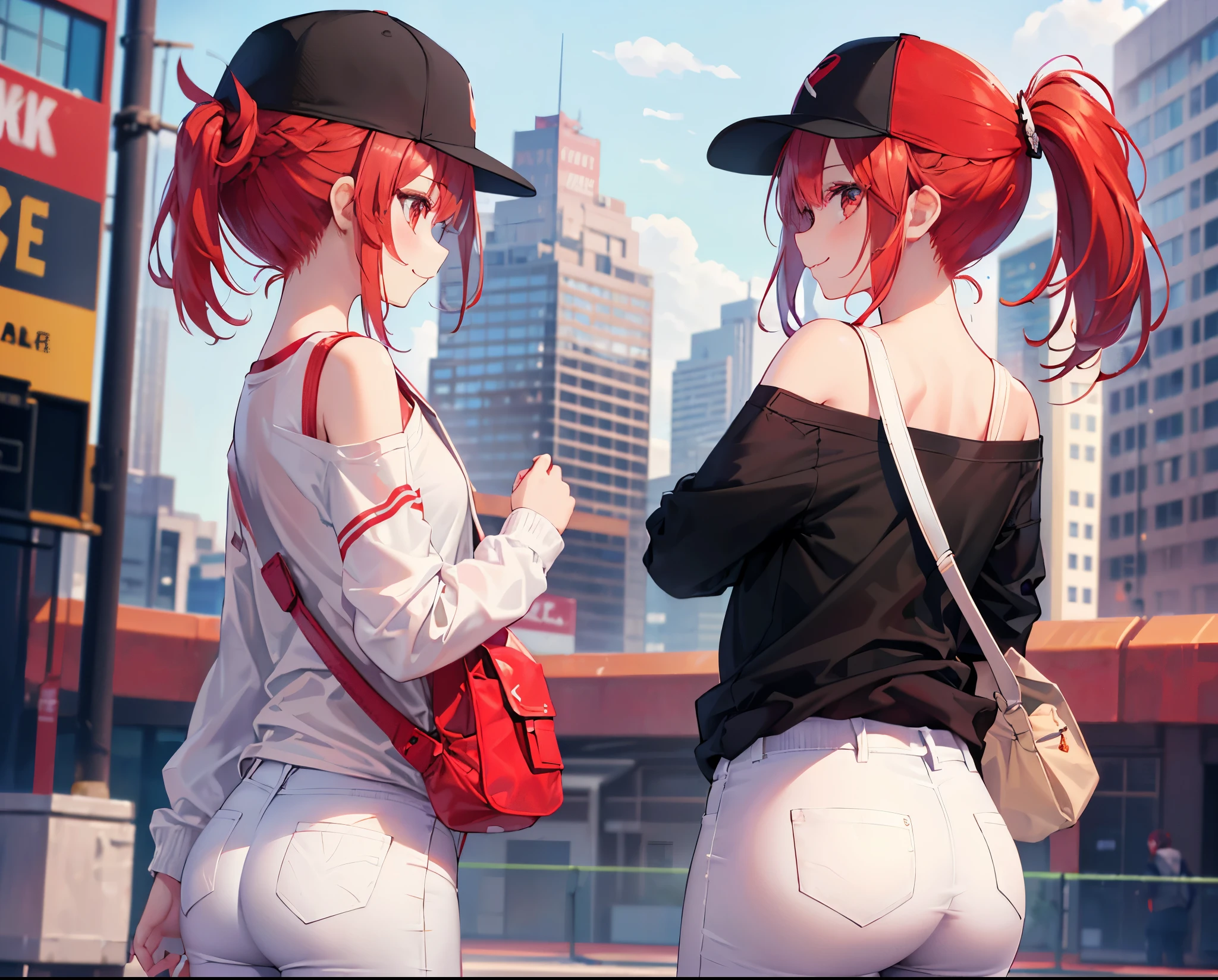 (Close-up:1.3),Realistic,Highest quality, Ultra Detail, High-quality CG rendering, The most delicate and beautiful, Floating softly, High resolution, (1 girl), (Highest quality,4K,8K,masterpiece:1.2),(All red hair:1.5), (ponytail:1.5),(Red eyes:1.5), (White oversized long sleeve T-shirt:1.3),(Black skinny pants:1.3),(Black baseball cap:1.3),In the city,old buildings,(Turn your back to your audience:1.3),Butt,Are standing,(Small shoulder bag:1.3),smile