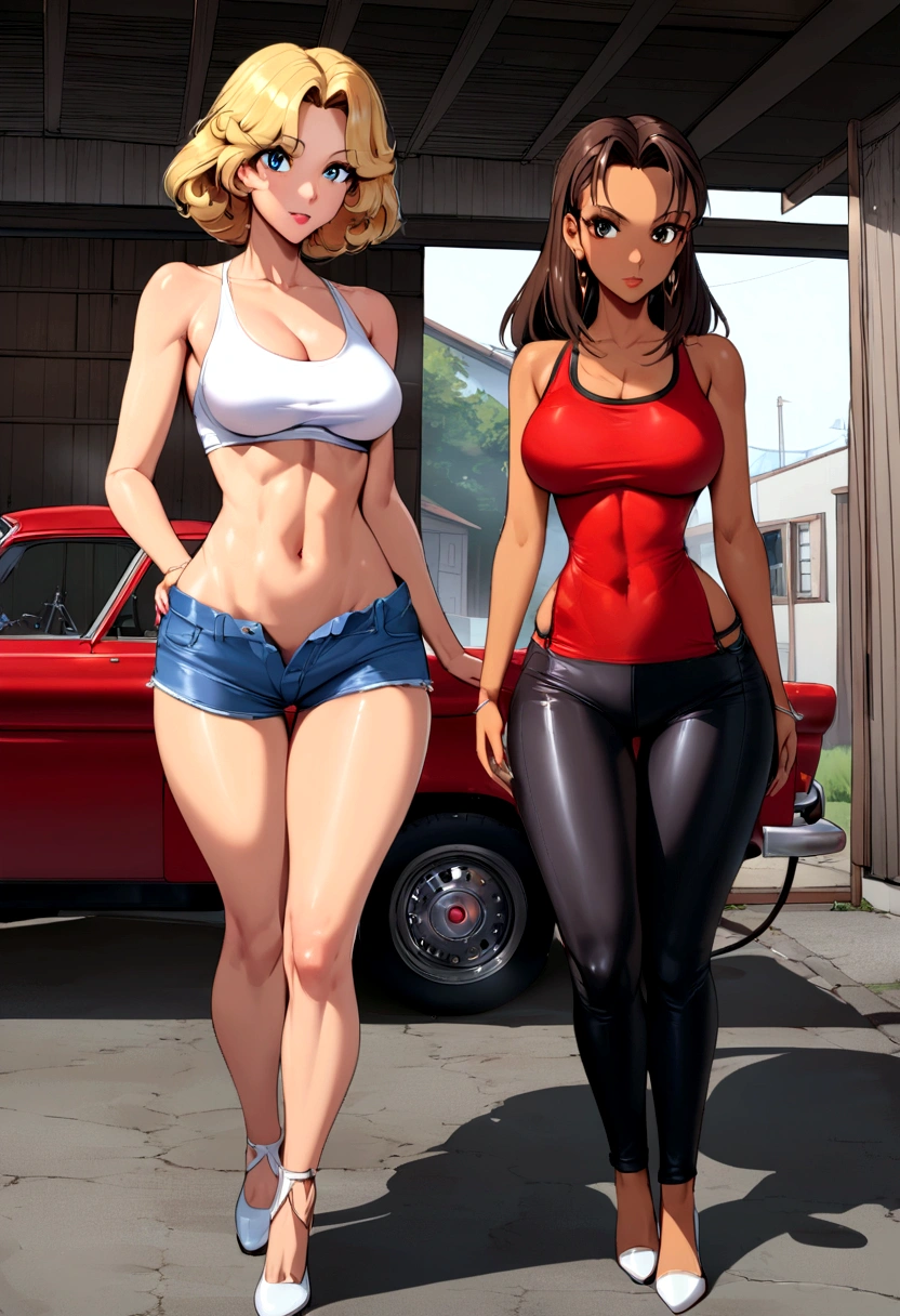 Woman in shorts and tank top standing next to a red truck, Daisy Duques, amouranth, blonde goddess, sexy girl with shorts, pinup body, Pinup Model, better known as amouranth, in front of a garage, halle berry, joven hermosa amouranth, sexy girl, Perfect form, perfect body, looking hot