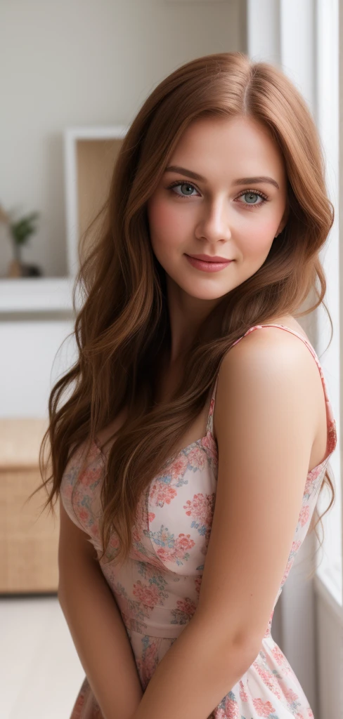 Russian woman, Intimate, face blush, red blushy cheeks, long wavy hair, feeling excited, beautiful thighs, in love, wearing summer mini dress