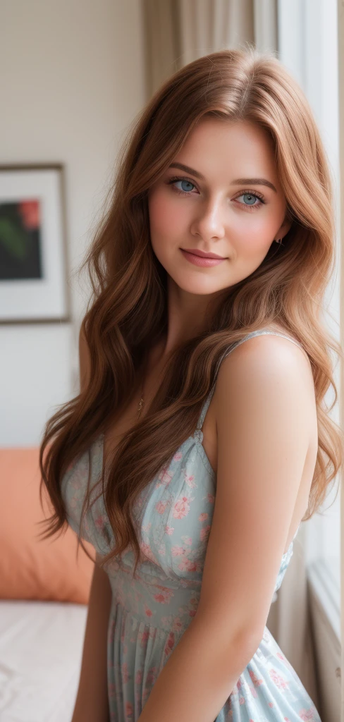 Russian woman, Intimate, face blush, red blushy cheeks, long wavy hair, feeling excited, beautiful thighs, in love, wearing summer mini dress