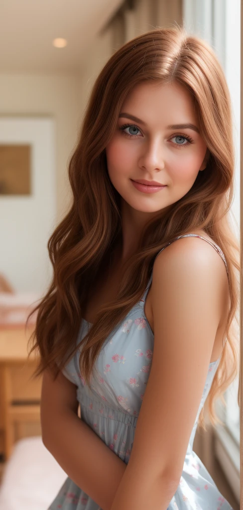 Russian woman, Intimate, face blush, red blushy cheeks, long wavy hair, feeling excited, beautiful thighs, in love, wearing summer mini dress