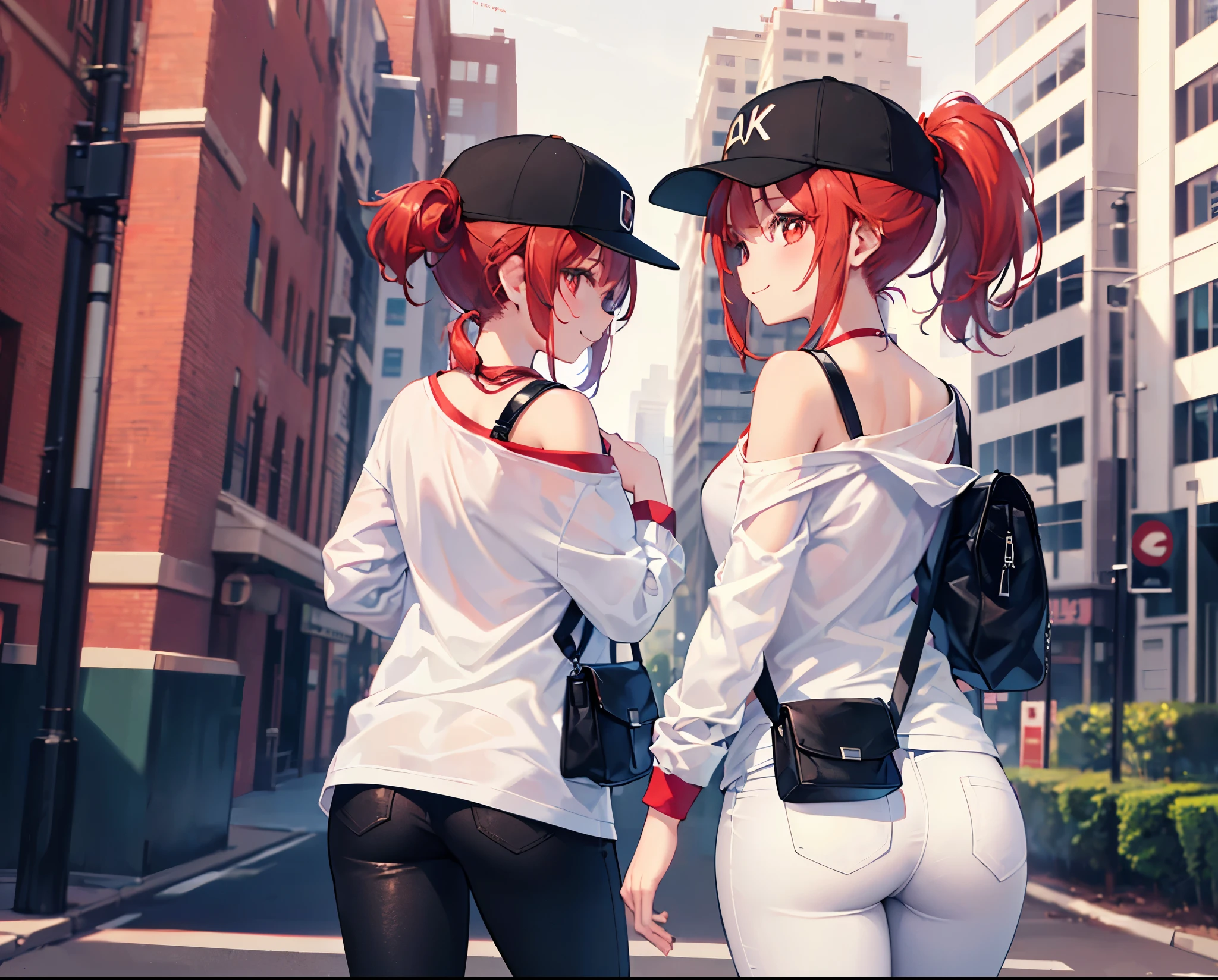 (Close-up:1.3),Realistic,Highest quality, Ultra Detail, High-quality CG rendering, The most delicate and beautiful, Floating softly, High resolution, (1 girl), (Highest quality,4K,8K,masterpiece:1.2),(All red hair:1.5), (ponytail:1.5),(Red eyes:1.5 (White oversized long sleeve T-shirt:1.3),(Black skinny pants:1.3),(Black baseball cap:1.3),In the city,old buildings,(Turn your back to your audience:1.3),Butt,Are standing,(Small shoulder bag:1.3),smile