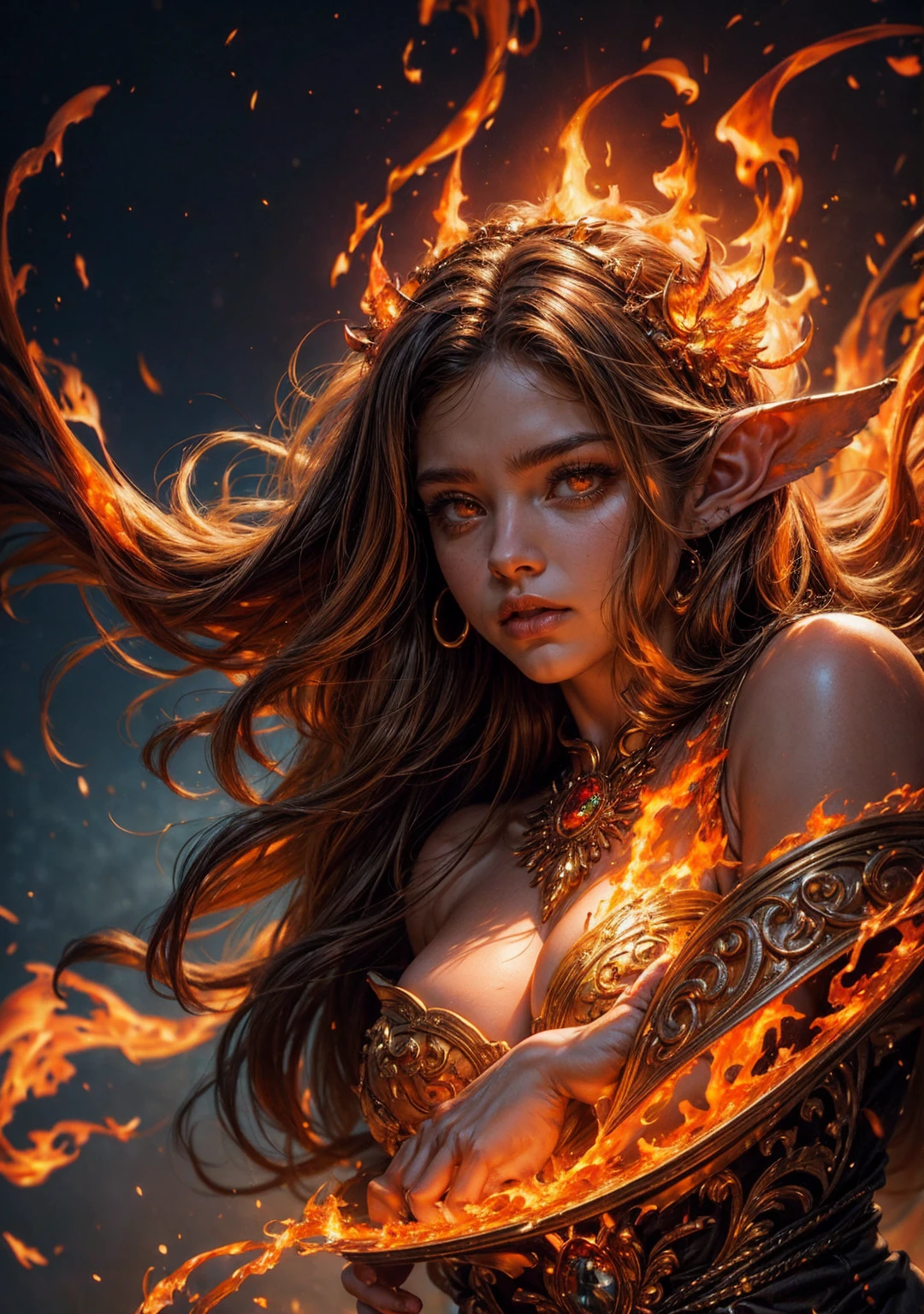 This (realistic fantasy) art contains embers, real flames, real heat, and realistic fire. Generate a masterpiece artwork of a ite female fire druid with large (((orange and gold))) eyes. The fire druid is awe-inspiring with beautiful ((realistic fiery eyes)) alight with confidence and power. Her features are elegant and well defined, with ((soft)) and (((puffy))) and (((smooth))) lips, elven bone structure, and realistic shading. Her eyes are important and should be the focal point of this artwork, with ((extremely realistic details, macro details, and shimmer.)) She is wearing a billowing and glittering gown ((made of realistic flames)) and jewels that glimmer in the fire light. Wisps of fire and smoke line the intricate bodice of the dress. Include bumps, stones, fiery iridescence, glowing embers, silk and satin and leather, an interesting background, and heavy fantasy elements. Camera: Utilize dynamic composition techniques to enhance the realistic flames.