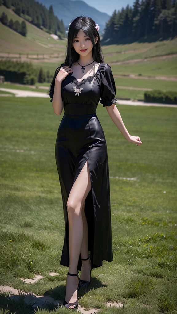 (ultra realistic), (best illustration), (increase resolution), (8K), (ultra-detailed), (masterpiece), (wallpaper), solo, 1 girl, looking at viewers, black straight hair, in the dark, deep shadow, low key, pureerosfaceace_v1, happy smile, summer dress, full body, meadow