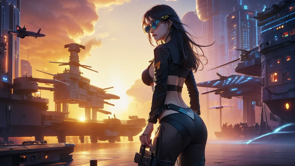 (((a large-breast bikini slim GIRL with black (micro) sunglasses))), (((((aiming at viewer with a pistol))))), a balcony of a futuristic building, aerial view of an ultra-futuristic megalopolis, metal buildings and houses in dark colors from dark blue to black, shades of metal gray, smoky metal structures, industrial environment with smoke and fog around, dark cars on the streets, desert megalopolis, modern metal rails and trains passing through, tall futuristic metal buildings, ultra modern buildings, (((((futuristic aircraft carrier))))), realistic, detailed, sci-fi.