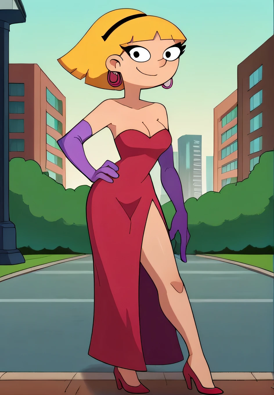 score_9_up,score_8_up,score_7_up,score_6_up,score_5_up,score_4_up BREAK olga pataki,1girl, solo, blonde hair, short hair, black hairband, hoop earrings, cleavage, movie style, strapless, long red dress, long elbow length purple gloves, side slit, left hand on own hip, park, right arm at side, city building, smile, cowboy shot, looking at viewer, red high heels, full body