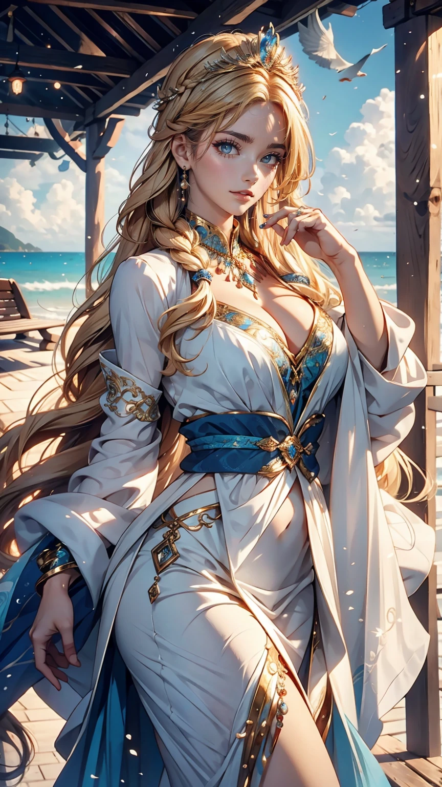 ,((Highest quality))),8K,((masterpiece)),(Very sophisticated and beautiful), A girl emerges from the sea, The Swan Princess of Russian Mythology, Beautiful calm face, blue eyes, Long blonde hair braided, Moon braid at the back of the head, With a kokoshnik crown on his head、White and shiny old Russian clothing, Loving eyes, Half-laugh, There was a gentle look on his face, Background seascape and sunlight, Seagulls in the sky, full length, realism、Sexy、Sexy proportions
