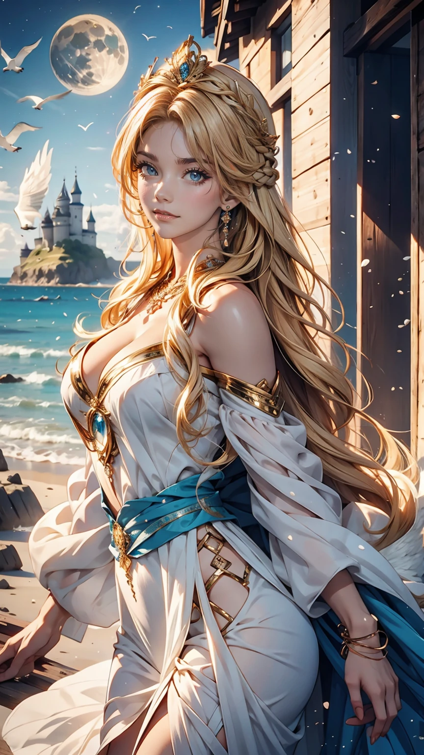 (photo realistic:1.35), masterpiece, best quality, CG, wallpaper, HDR, high quality, high-definition, extremely detailed,
1girl,
long hair, glowwave, platinum hair,
blue eyes,
(highly detailed Caucasian skin:1.2),
(Rounded large breasts),
break
((retro artstyle)),
(Serene and goddess-like),
(glowing lightly gold),
long sleeves, dress,
juliet sleeves,
puffy sleeves,
belt, hairband,
break
background Victorian Castle, ((Looking into the distance from the top of the castle)),
well sunlit, ((horizon)),
perfect female anatomy, two legs, two feet, two arms,
half body shot,