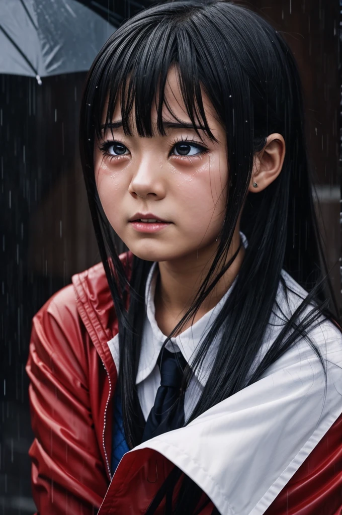 Anime girl crying while its raining blood in the backround
