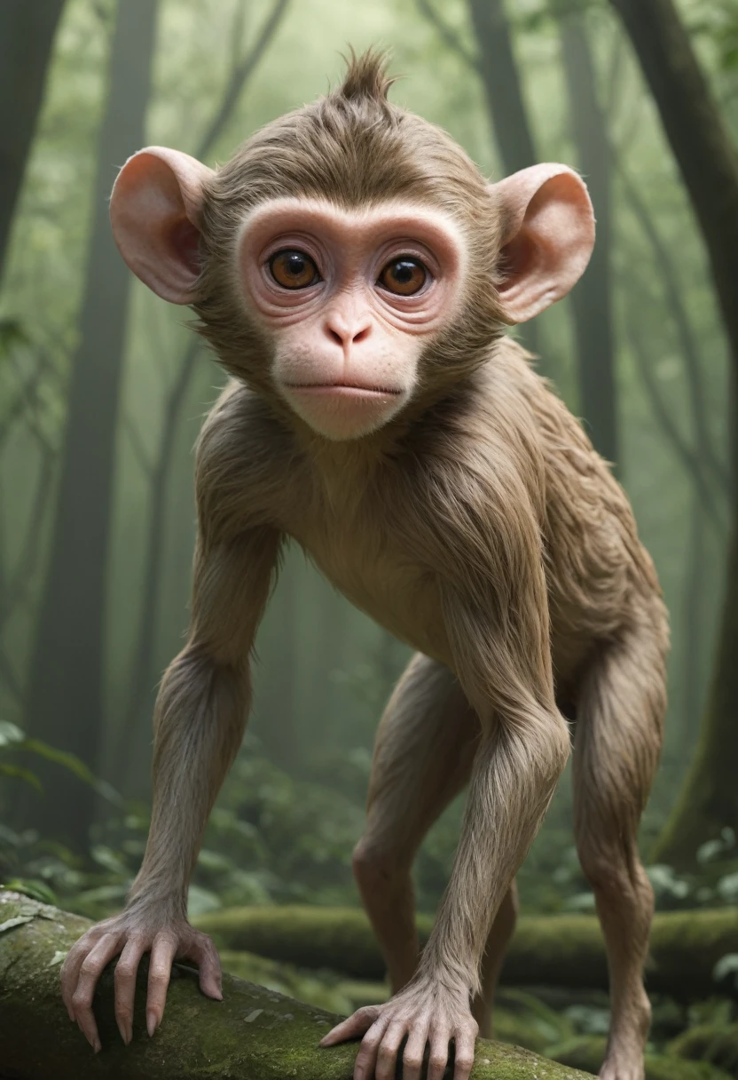 A fictional unidentified creature that resembles a mix between a monkey and a deer。The background is realistic。