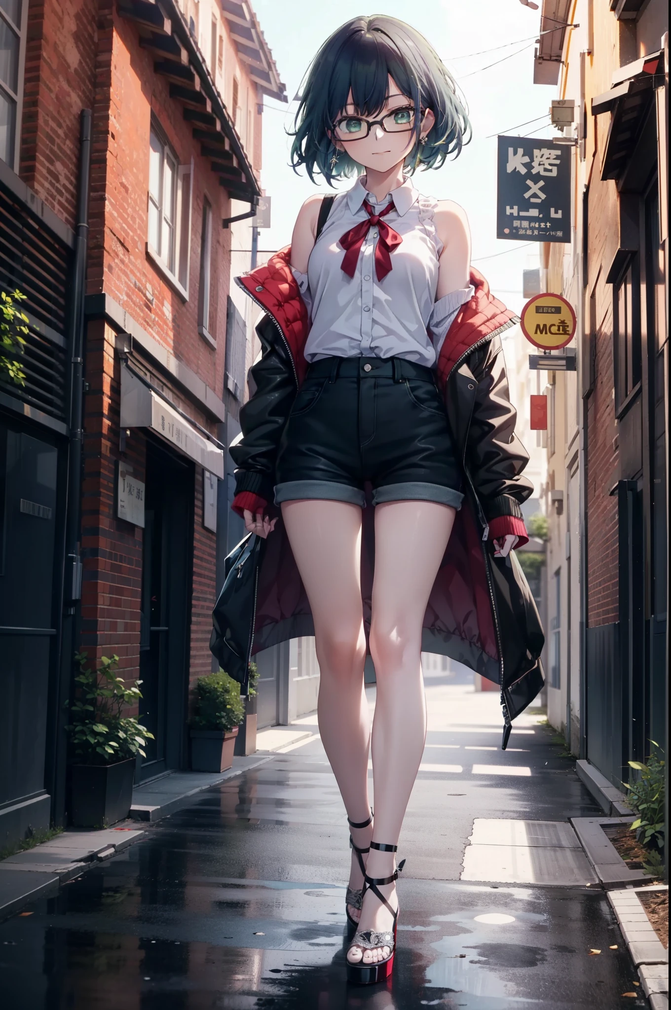 akanekurokawa, akane kurokawa, bangs, (Green Eyes:1.3), Blue Hair, Medium Hair, dark Blue Hair,smile,Black-rimmed glasses,Cold shoulder tops,Shorts,Stiletto heels,Walking,Daytime,Clear skies,whole bodyがイラストに入るように,
break outdoors, School,courtyard,
break looking at viewer, whole body,
break (masterpiece:1.2), Highest quality, High resolution, unity 8k wallpaper, (figure:0.8), (Beautiful attention to detail:1.6), Highly detailed face, Perfect lighting, Highly detailed CG, (Perfect hands, Perfect Anatomy),