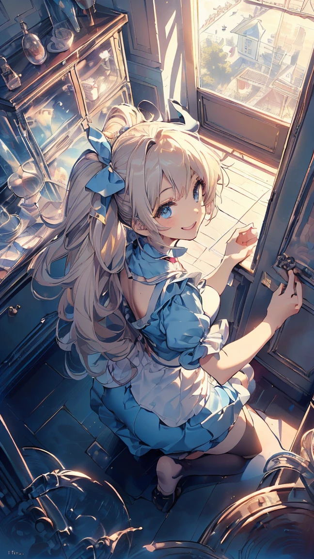 (masterpiece, high quality, Mysterious, Long legs:1.2, Ideal body proportions), (Ultra-high resolution, 8k RAW photos, Photorealistic, Natural light, Fabric Shading), Long Shot Photography:1.6, (One beautiful anime girl:1.3, , alone:1.6, Mature Woman:1.5, Browsing Caution:1.2, whole body:1.3), Glowing Skin, break, ((Alice in Wonderland:1.3, cute, cute, Lovely, interesting, Girl Falling From the Sky:1.7, Girl flying in the sky:1.5, Girl in the air:1.3, Skirt flipped up by the wind:1.5, (A big smile:1.3), surprised, Put your hands on your crotch from above your skirt:1.35)), break, ((The floats are as follows:, Trump, trump card, Tea cup, you can, teaspoon, Pocket watch:1.3, Lipstick, Candy:1.2, クッKey, Jam jar, Classic Door_Key)), ((purple_Blue clothes :1.5, Wearing a long flared skirt:1.3, The skirt is fluttering:1.3, White apron, White stockings and long platinum blonde hair:1.2, Twin tail hair:1.6, Her hair was tied with a big ribbon), (blue eyes, Bright eyes with highlights, Fine grain), (Lie on your back:1.6, Stand up straight and spread your legs:1.5), ((Dutch Angle:1.5, whole body:1.3, Ass Focus:1.3, From below:1.5, Poor posture)), Amazing colorful art, (Fantasy art:1.5, Mysterious images), ((Correct Anatomy:1.5, Perfect Anatomy:1.3, The right move, Small feet:1.2)),