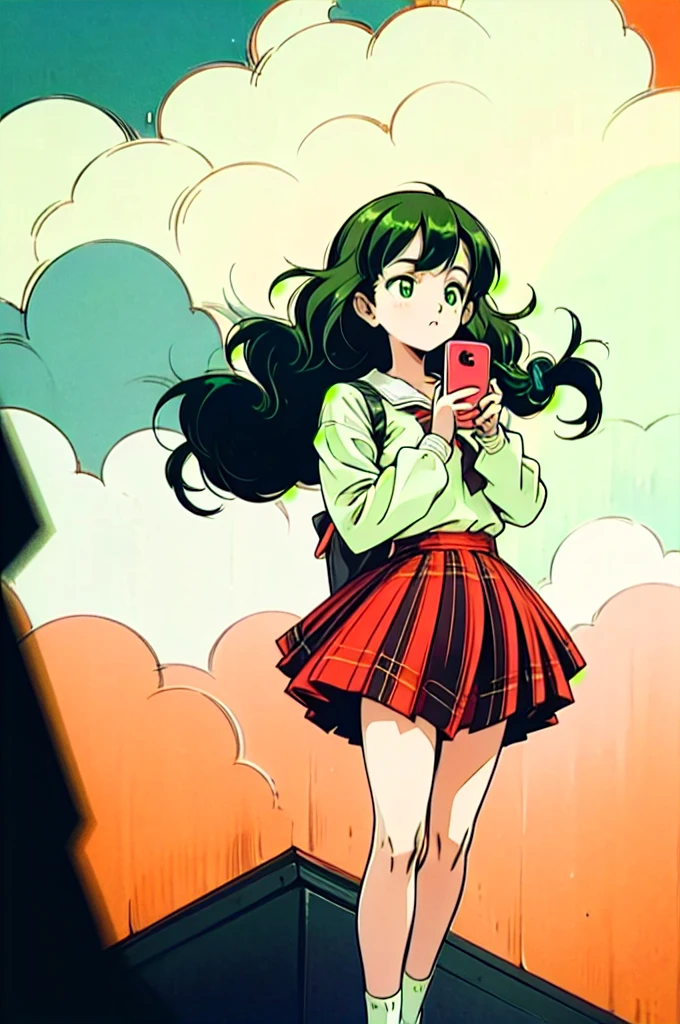 Volume hair, soft hair, emerald green hair and pink inner color, wavy hair, gradation hair, green hair, side braids, wavy hair, two side up, cloud hair, emerald green eyes, high school girl, Cheerful and active, blonde clip, loose socks, plaid skirt, holding smartphone, on the street, (best) quality, 4K, 8K, high resolution, masterpiece: 1.2), ultra-definition, bright colors, soft lighting