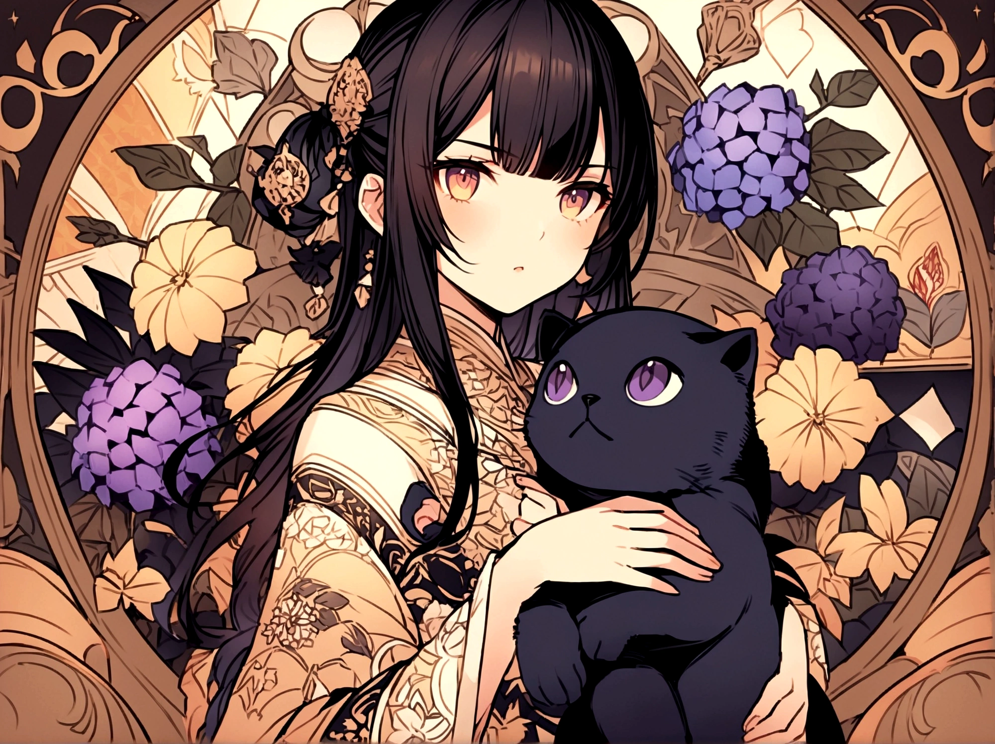 vibrant and colorful illustration,high quality, 8K Ultra HD,Illustrations drawn with colorful, flashy, precise and delicate touches.Fantastic atmosphere. A Beautifu femalel Swordsman with black hair and bangs in a black-and-white lace dress is fighting .she is fighting with swords.The costumes are traditional blue-purple hydrangea flower patterns, and the decorations are delicate and meticulous.High definition.backdrop filled with colorful patterns representing ancient symbols and floral motifs. The background is richly detailed with geometric shapes that add depth to their figure's presence.lovely double exposure image by blending together a galaxy and a blue-purple hydrangea flower.