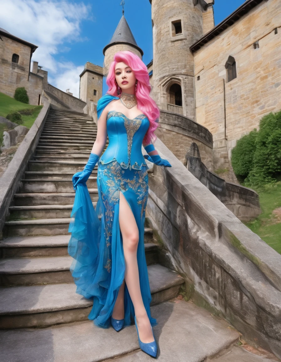 beautifull woamn with pink hair ((masterpiece, Highest quality, Best image quality, High resolution, Realistic, RAW Photos, 8K)), Woman in sapphire blue and gold marine, dress, (Long pink hair, hair tied back, Jeweled wig, Long gloves, Glass Slipper, Bare shoulders, Bare back), Looking back from halfway up the wide staircase leading to the castle, Look down,far away shot,widea angle taken