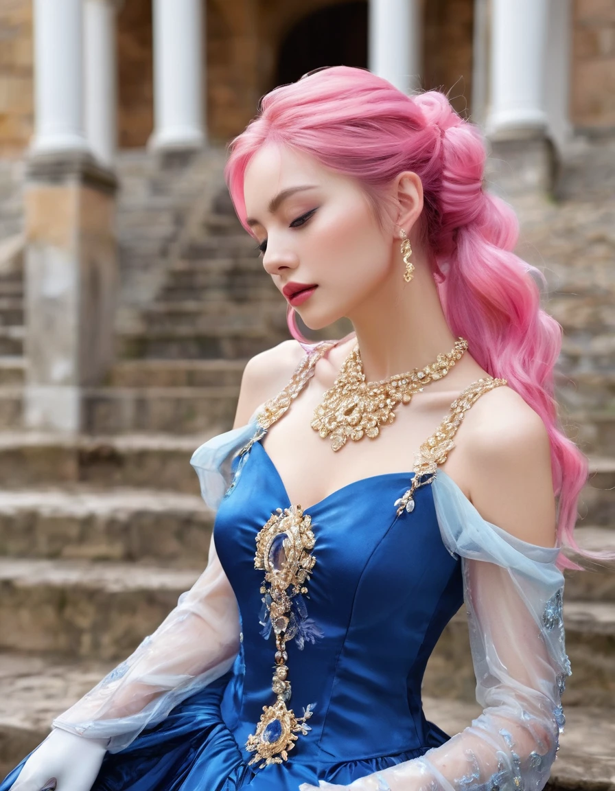 beautifull woamn with pink hair ((masterpiece, Highest quality, Best image quality, High resolution, Realistic, RAW Photos, 8K)), Woman in sapphire blue and gold marine, dress, (Long pink hair, hair tied back, Jeweled wig, Long gloves, Glass Slipper, Bare shoulders, Bare back), Looking back from halfway up the wide staircase leading to the castle, Look down,far away shot,widea angle taken
