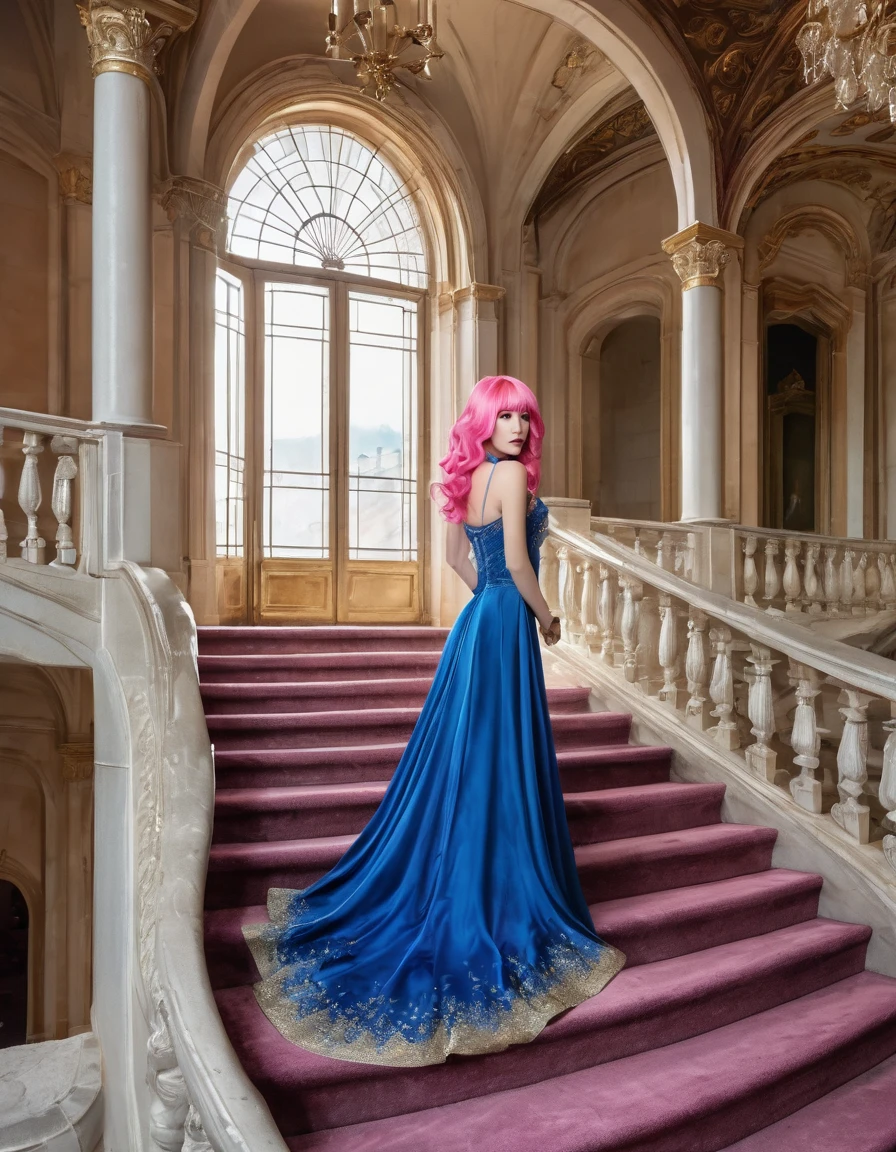 beautifull woamn with pink hair ((masterpiece, Highest quality, Best image quality, High resolution, Realistic, RAW Photos, 8K)), Woman in sapphire blue and gold marine, dress, (Long pink hair, hair tied back, Jeweled wig, Long gloves, Glass Slipper, Bare shoulders, Bare back), Looking back from halfway up the wide staircase leading to the castle, Look down,far away shot,widea angle taken
