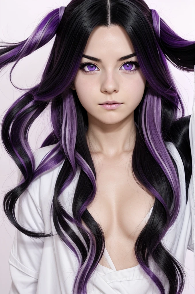 my hero academia style, Female gender, long, wavy black hair with purple tips and a white streak at the front of the face, violet eyes, White skin, naked and have an embarrassed face