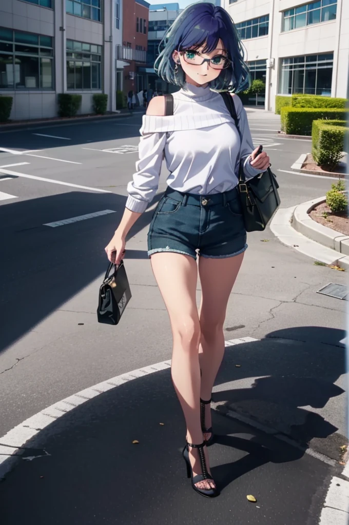 akanekurokawa, akane kurokawa, bangs, (Green Eyes:1.3), Blue Hair, Medium Hair, dark Blue Hair,smile,Black-rimmed glasses,Cold shoulder tops,Shorts,Stiletto heels,Walking,Daytime,Clear skies,whole bodyがイラストに入るように,
break outdoors, School,courtyard,
break looking at viewer, whole body,
break (masterpiece:1.2), Highest quality, High resolution, unity 8k wallpaper, (figure:0.8), (Beautiful attention to detail:1.6), Highly detailed face, Perfect lighting, Highly detailed CG, (Perfect hands, Perfect Anatomy),