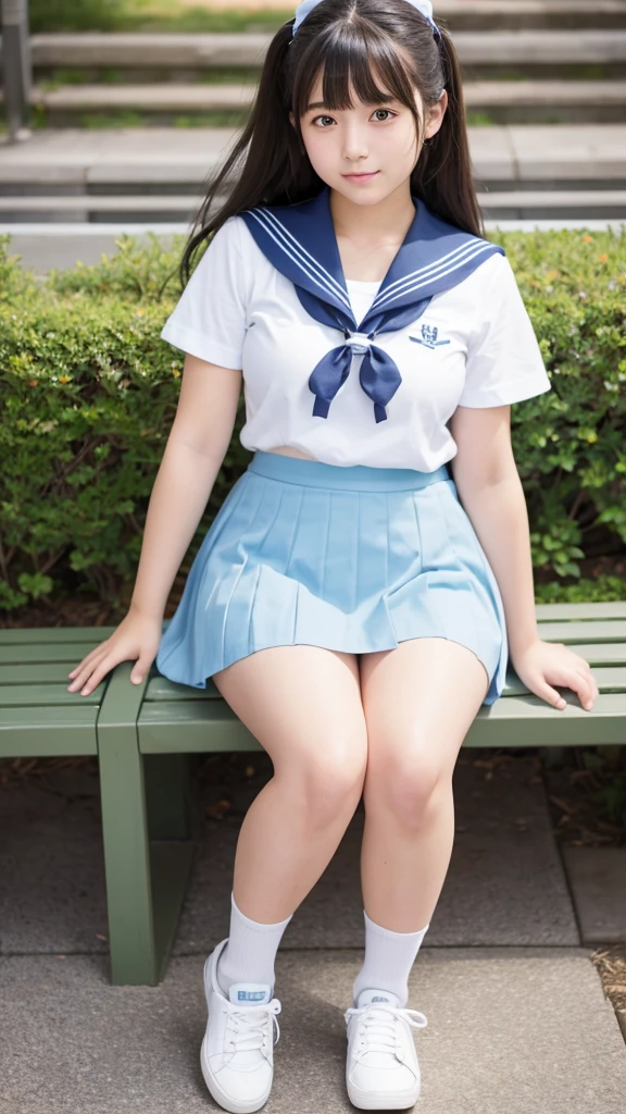 Japanese、18-year-old high school girl、Light blue sailor mini skirt、Bench sitting sitting、Thick thighs