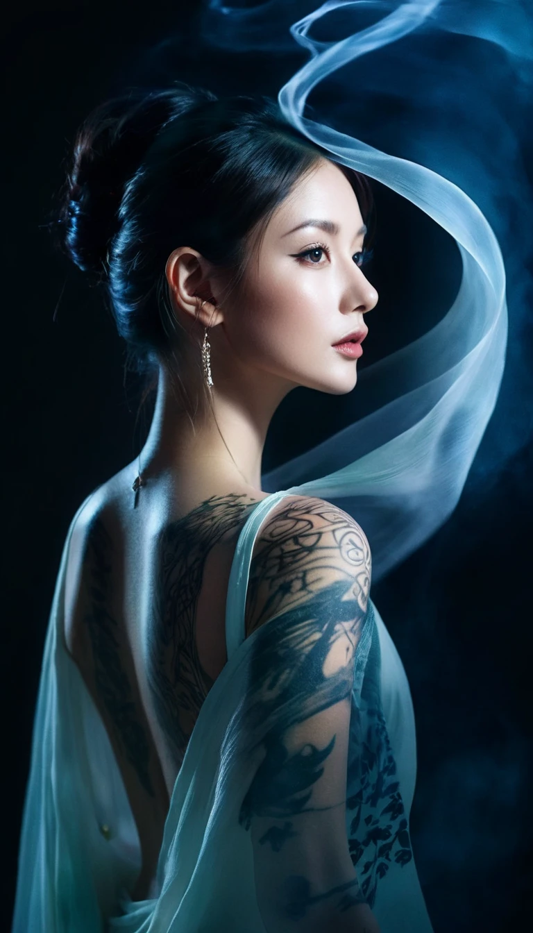 Double Exposure Style,Volumetric Lighting,a girl (Supermodel) with Wrap top,arching her back, beautiful tattoo, Traditional Attire,Artistic Calligraphy and Ink,light depth,dramatic atmospheric lighting,Volumetric Lighting,double image ghost effect,image combination,double exposure style,