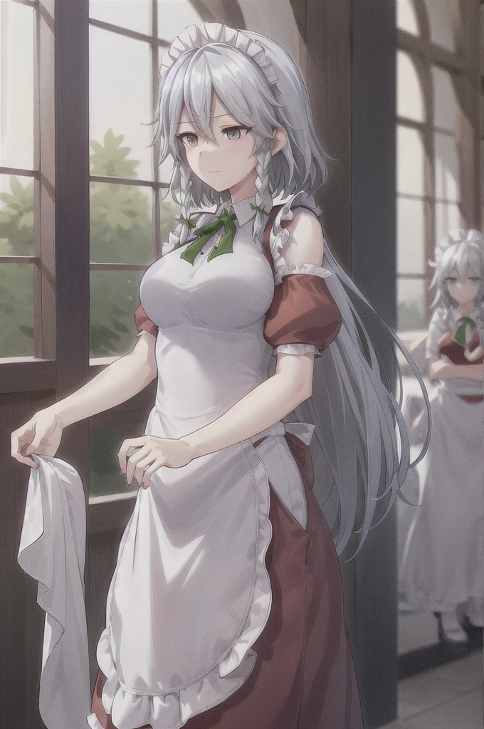Sakuya Izayoi looking stressed as part of her head is turning into Reimu Hakurei's. Reimu's head would be with brown hair, brown eyes. So Sakuya's head would have one blue eye, and one brown eye, as part of her hair remains silver, but the other is turning brown